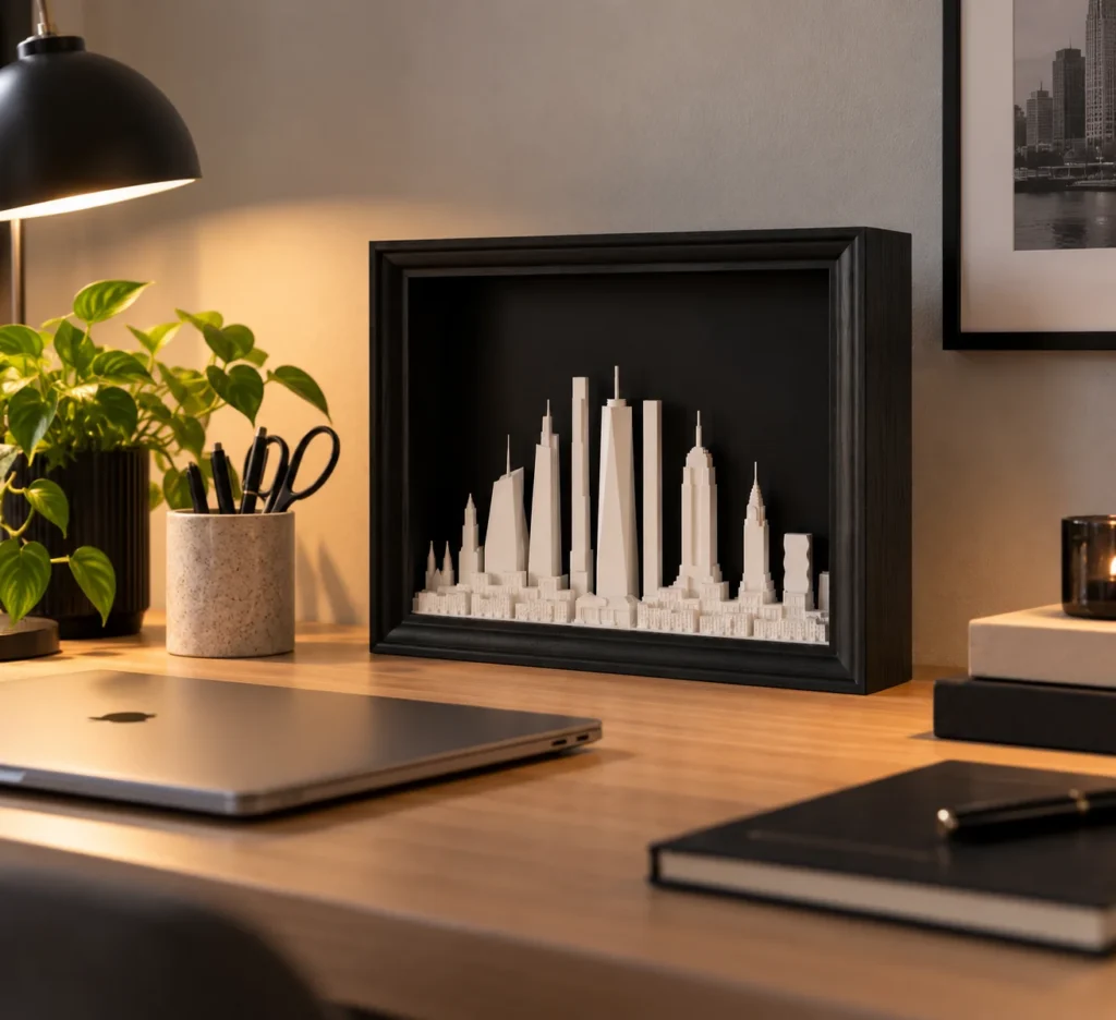 DEEPBOX™ Nowy Jork na biurku, obok lampki, rośliny i laptopa